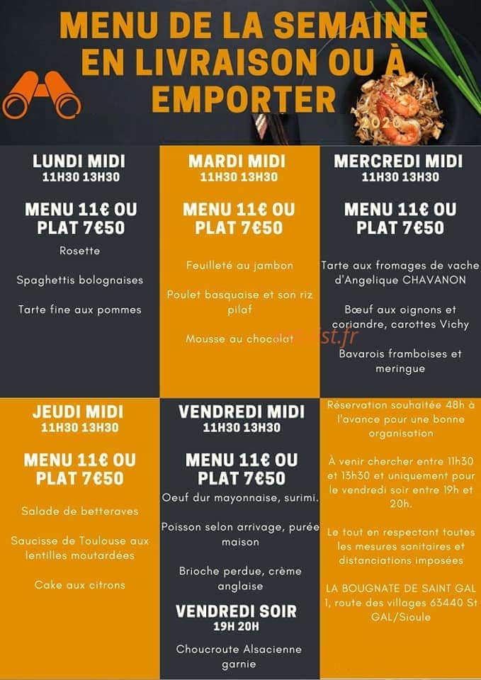 Carte et menu de La Bougnate Saint Gal sur Sioule à Saint Gal sur Sioule — Exemple de menu de la semaine