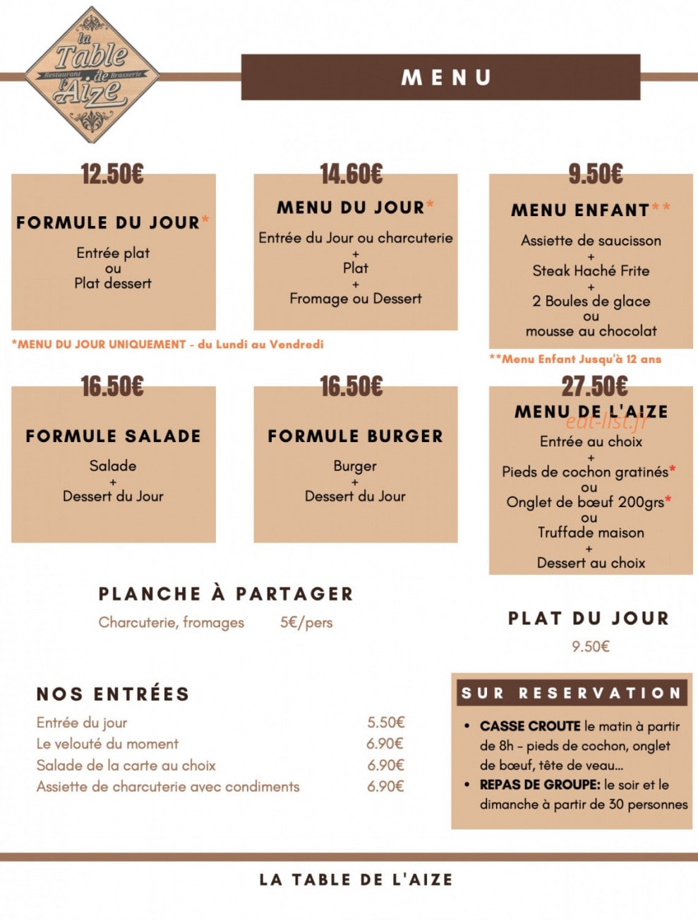La Table de L'Aize — carte page 1