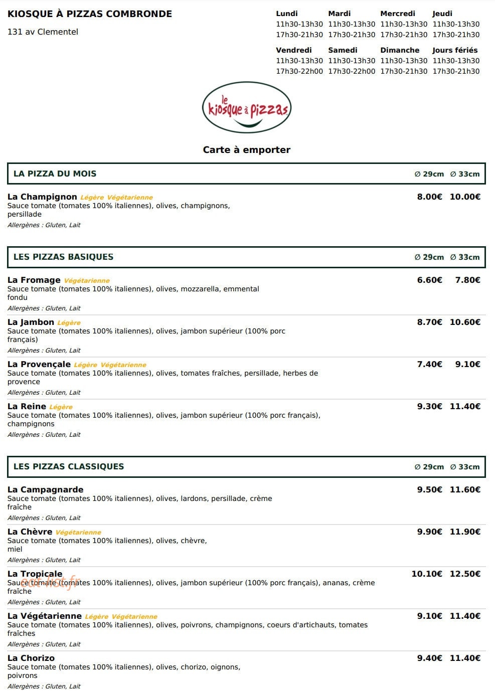 Le kiosque à pizzas — carte page 1