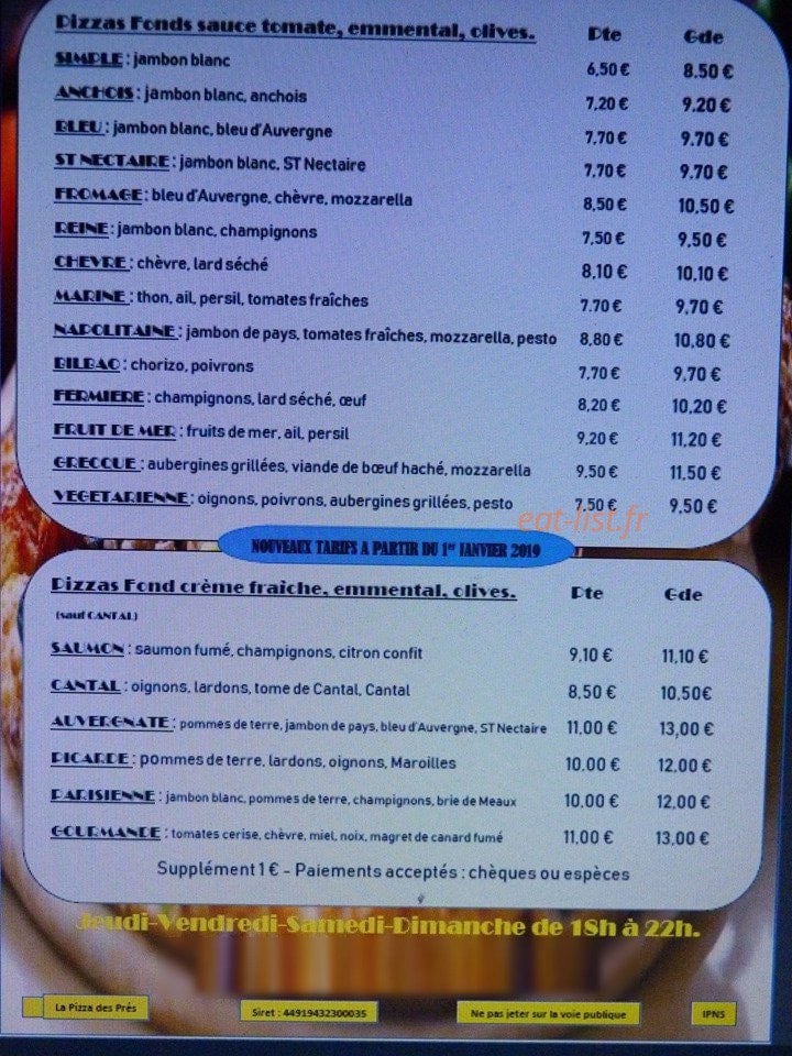 La Pizza des Près — carte page 2