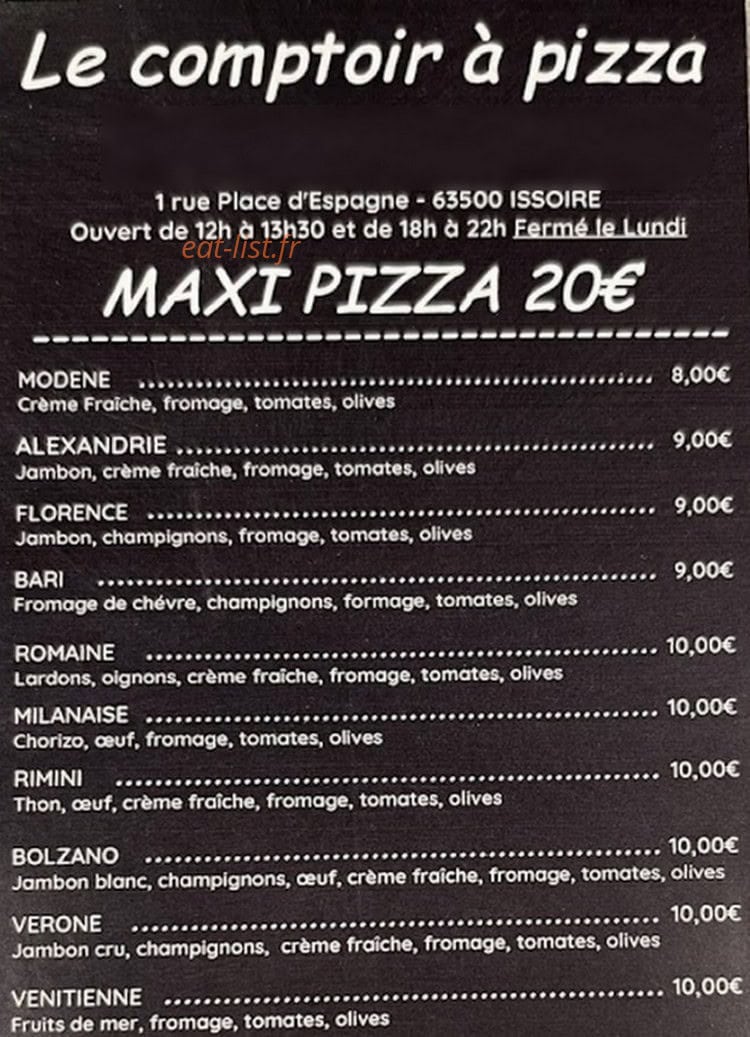 Le Comptoir à Pizza — carte page 1