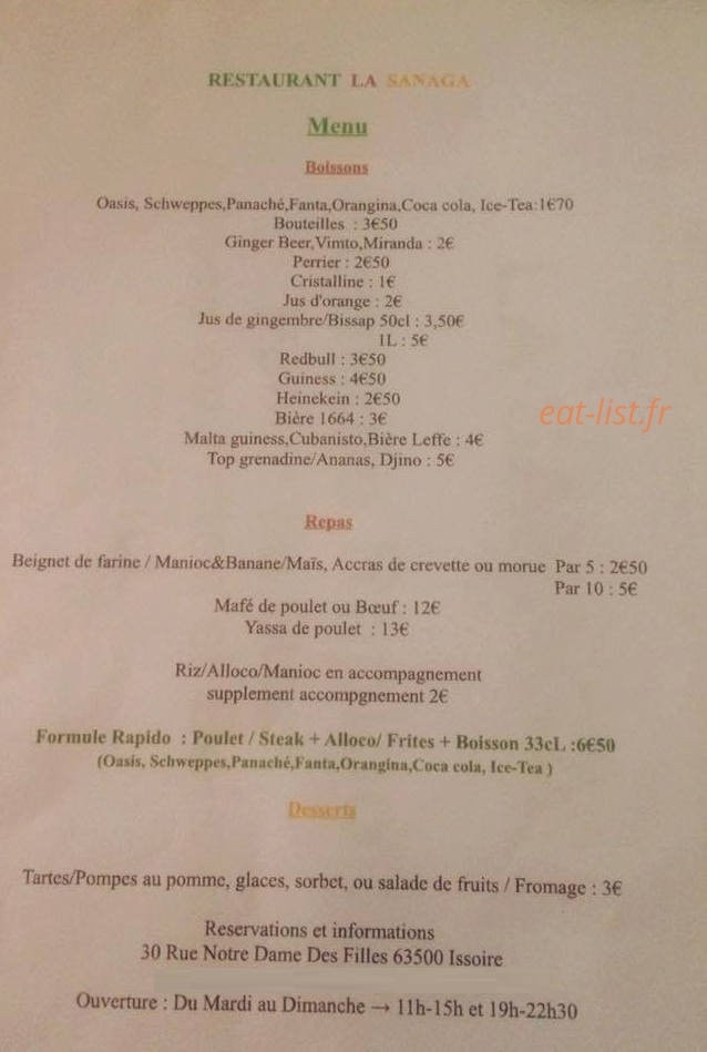 Restaurant La Sanaga — carte page 1