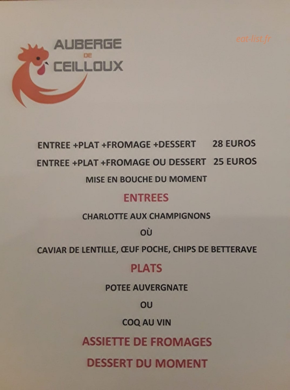 Auberge de Ceilloux — carte page 1