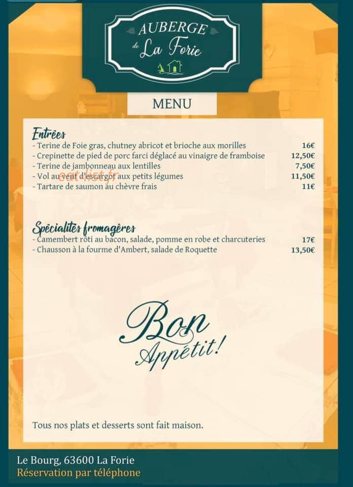 Auberge de La Forie — carte page 1