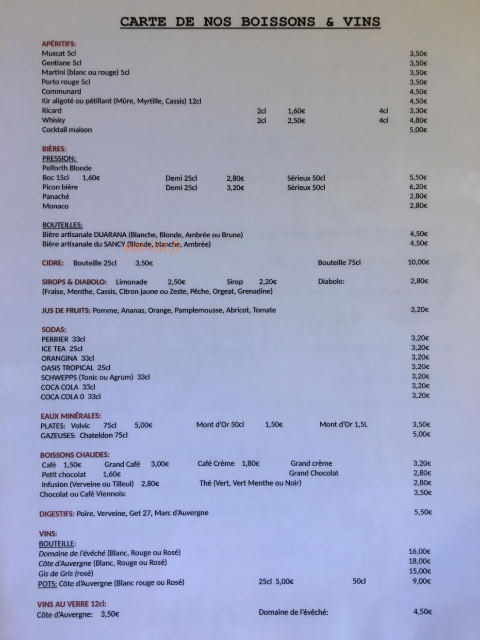 Carte et menu de Auberge des Pélerins à Besse et Saint Anastaise — Les boissons et vins