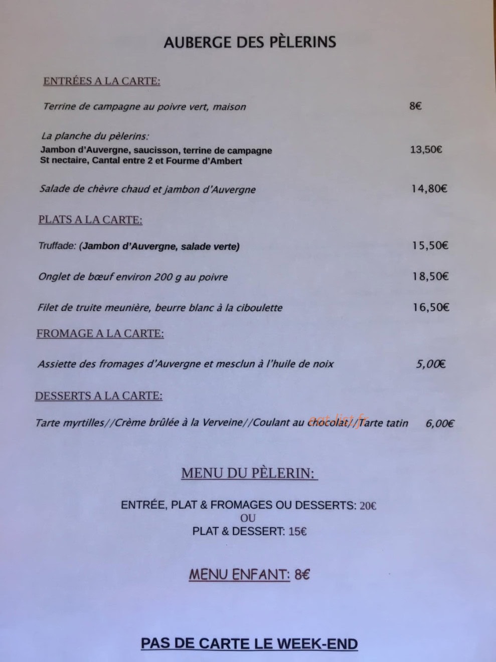 Carte et menu de Auberge des Pélerins à Besse et Saint Anastaise — Les menus
