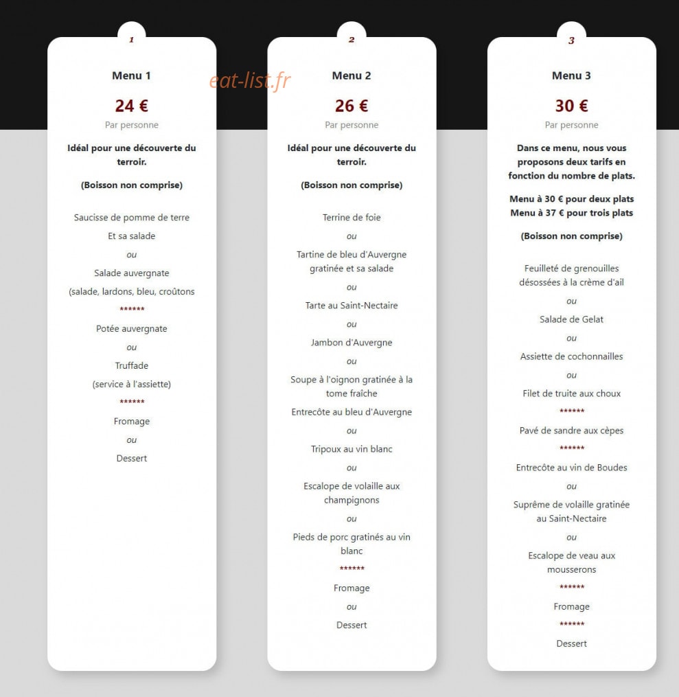 Carte et menu de La Ferme du Gelat à Besse et Saint Anastaise — Menu