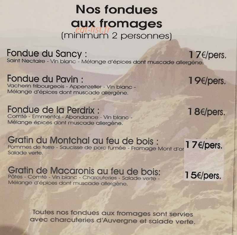 Carte et menu de Les fondues du Sancy à Besse et Saint Anastaise — Les fondues aux fromages