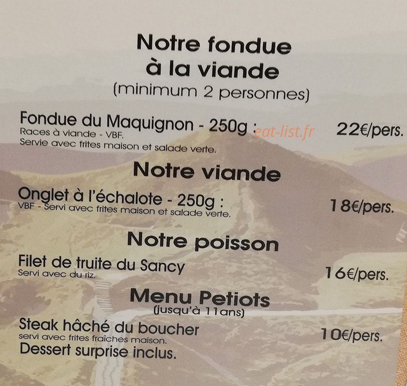 Carte et menu de Les fondues du Sancy à Besse et Saint Anastaise — Les fondues à la viande