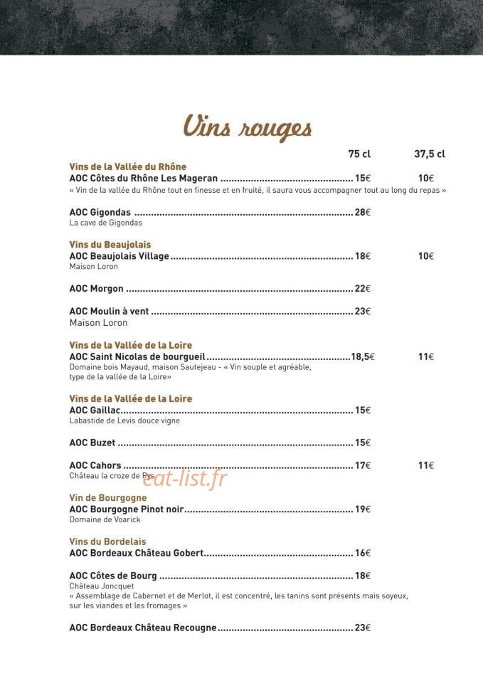 Carte et menu de Les Pistes Brasserie à Besse et Saint Anastaise — Les vins rouges