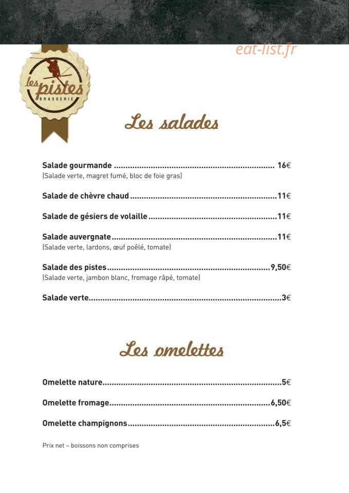 Carte et menu de Les Pistes Brasserie à Besse et Saint Anastaise — Les salades et les omelettes