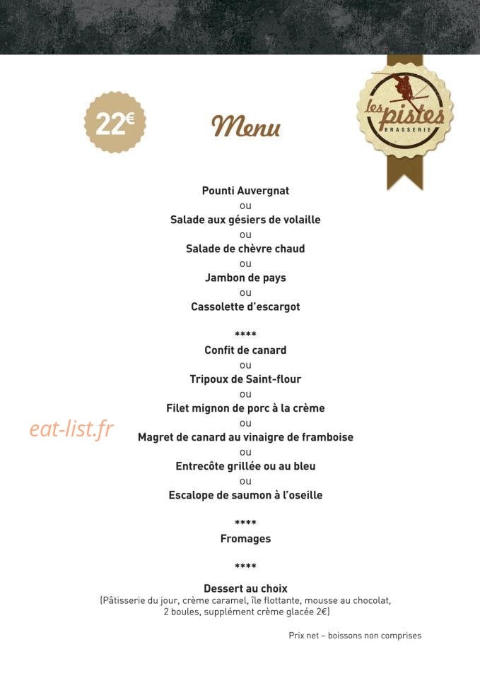 Carte et menu de Les Pistes Brasserie à Besse et Saint Anastaise — Le menu à 22€