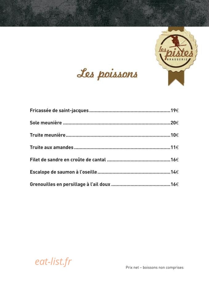 Carte et menu de Les Pistes Brasserie à Besse et Saint Anastaise — Les poissons