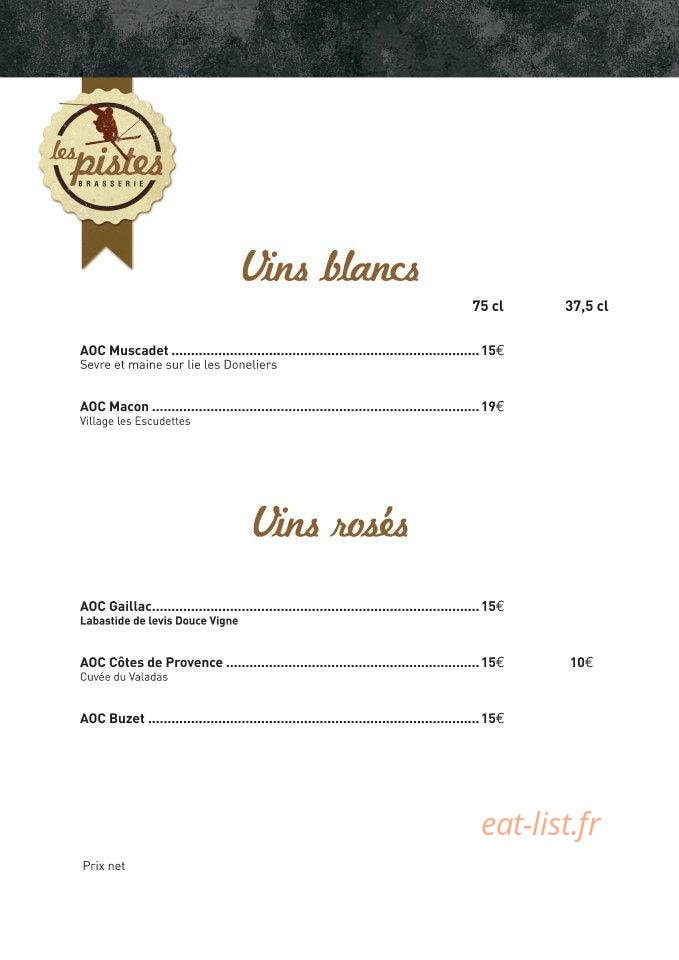 Carte et menu de Les Pistes Brasserie à Besse et Saint Anastaise — Les vins blancs et les vins rosés