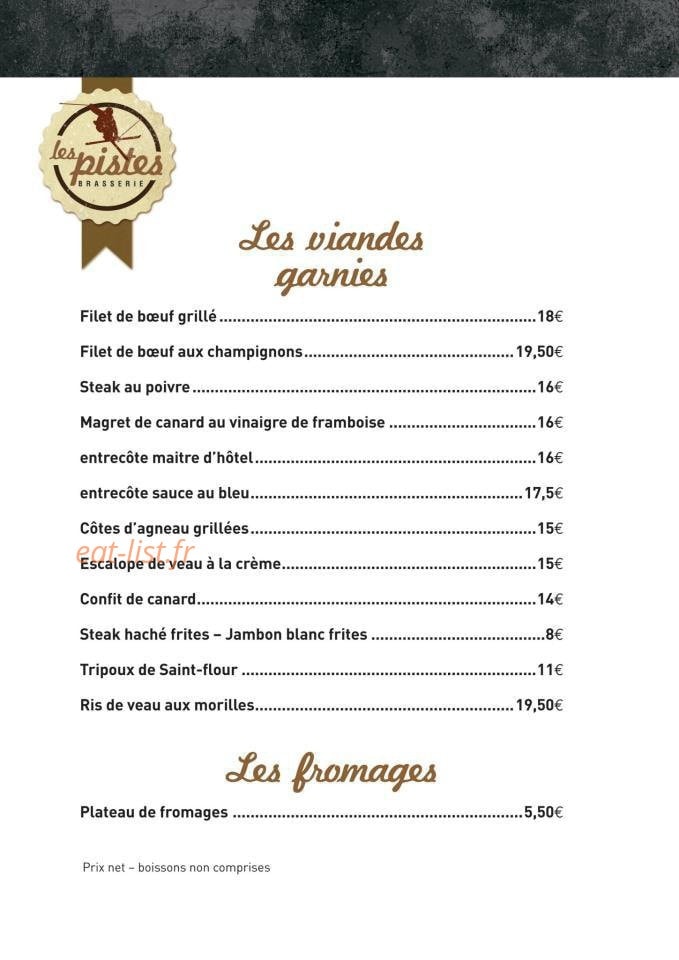 Carte et menu de Les Pistes Brasserie à Besse et Saint Anastaise — Les viandes garnies et les fromages