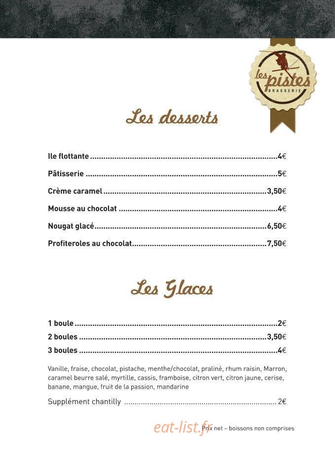 Carte et menu de Les Pistes Brasserie à Besse et Saint Anastaise — Les desserts et les glaces
