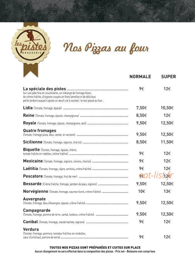 Carte et menu de Les Pistes Brasserie à Besse et Saint Anastaise — Les pizzas