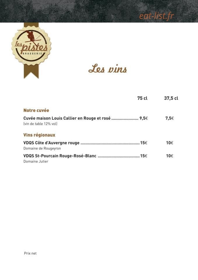 Carte et menu de Les Pistes Brasserie à Besse et Saint Anastaise — La cuvée et les vins régionaux