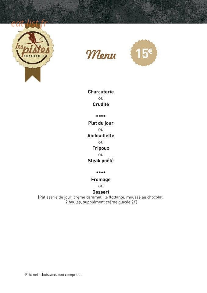 Carte et menu de Les Pistes Brasserie à Besse et Saint Anastaise — Le menu à 15€