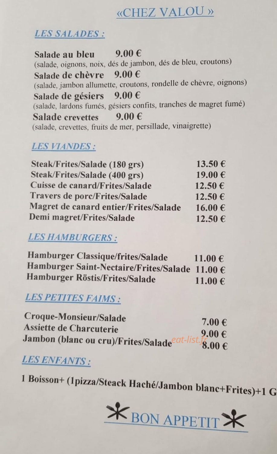 Chez Valou — carte page 1