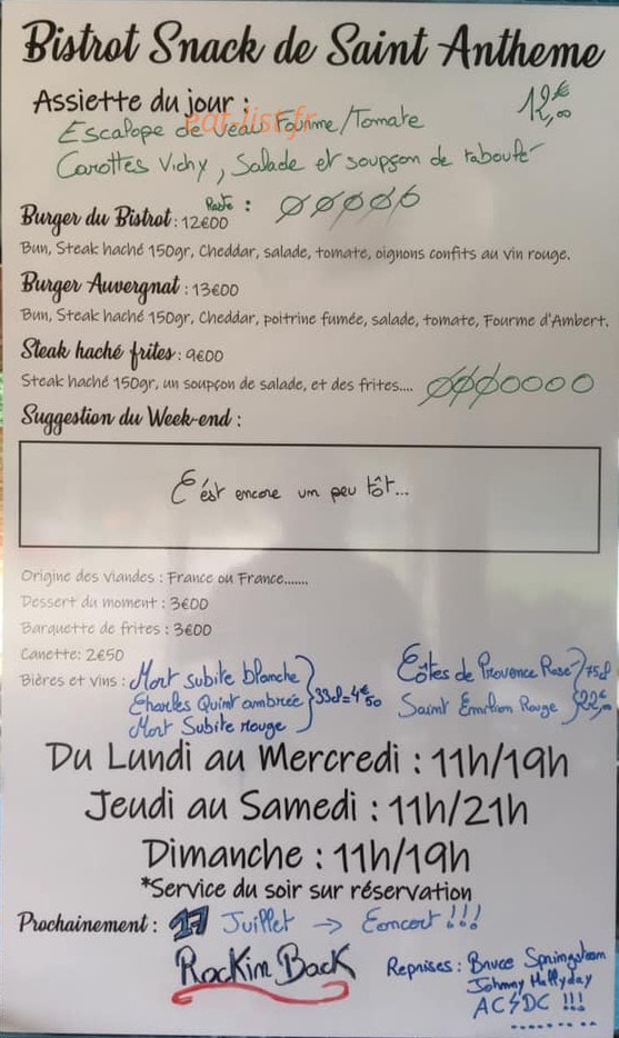 Bistrot Snack de Saint Anthème — carte page 1