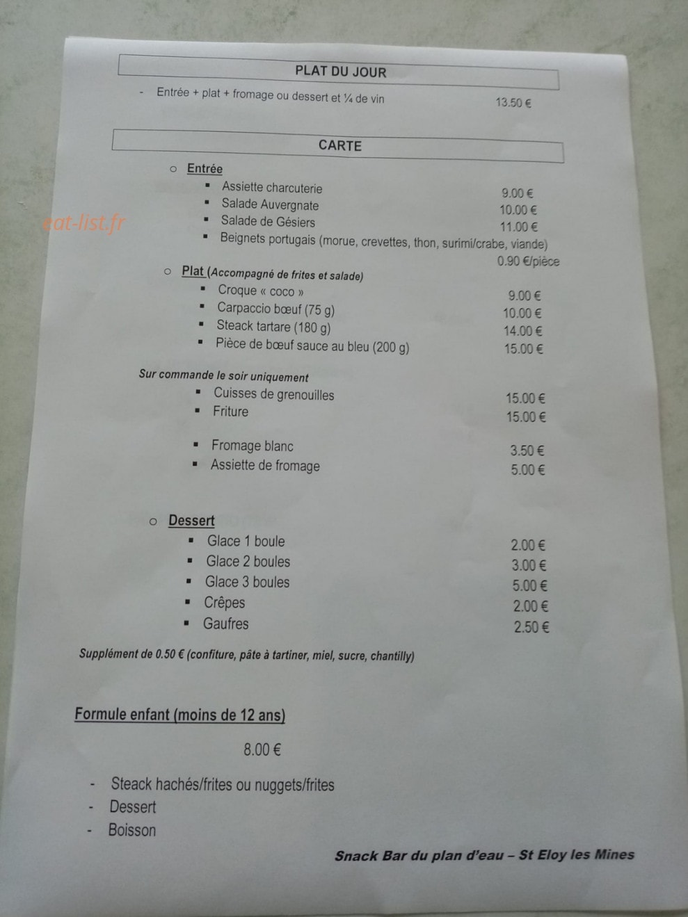 Snack bar plan d'eau — carte page 1