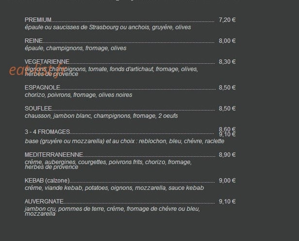 Limagne Pizza — carte page 1