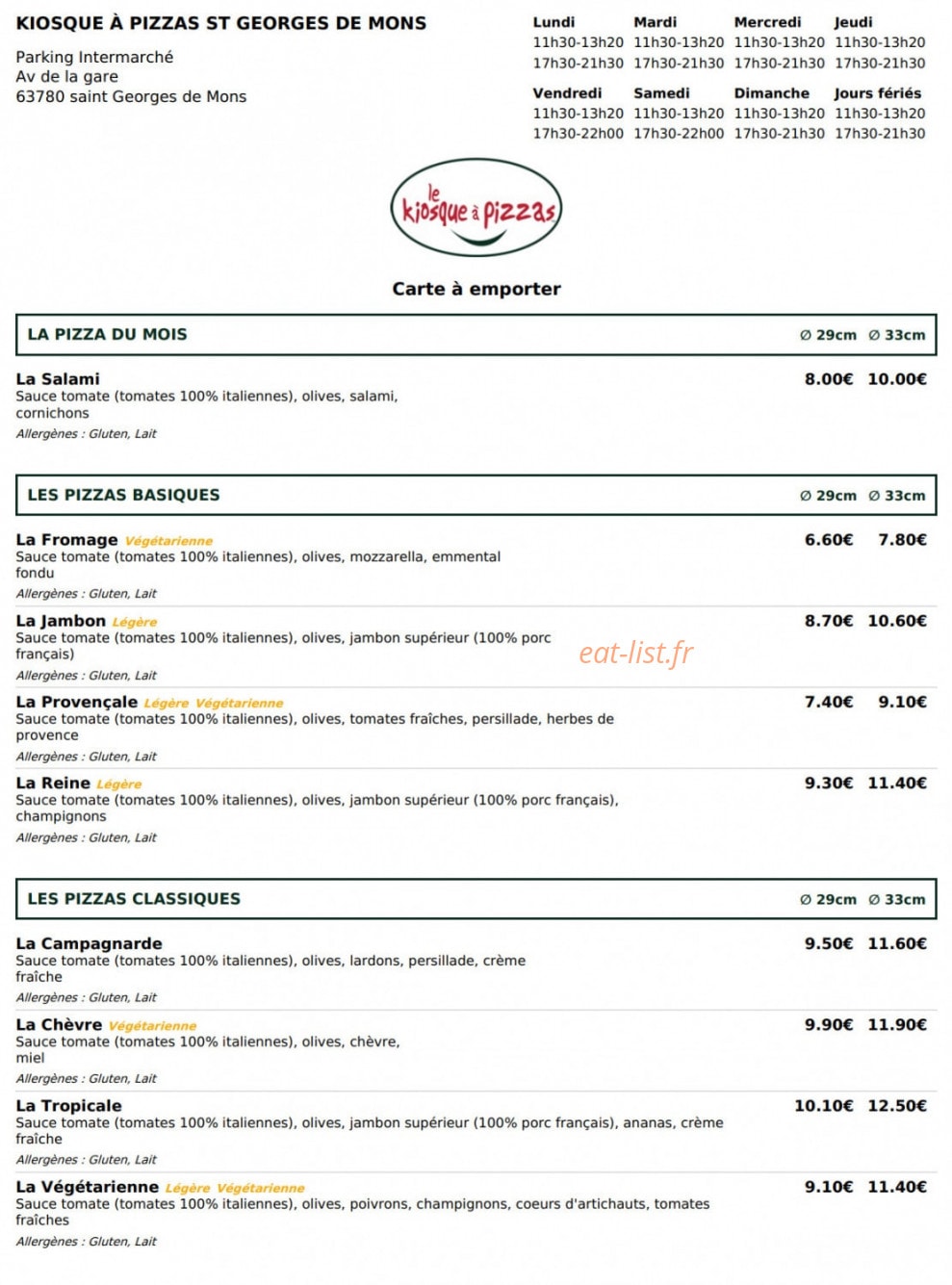 Le kiosque à pizzas — carte page 1