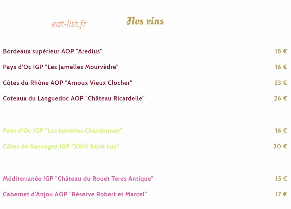 Carte et menu de Aux 3 Gourmands à Cournon d'Auvergne — Les vins