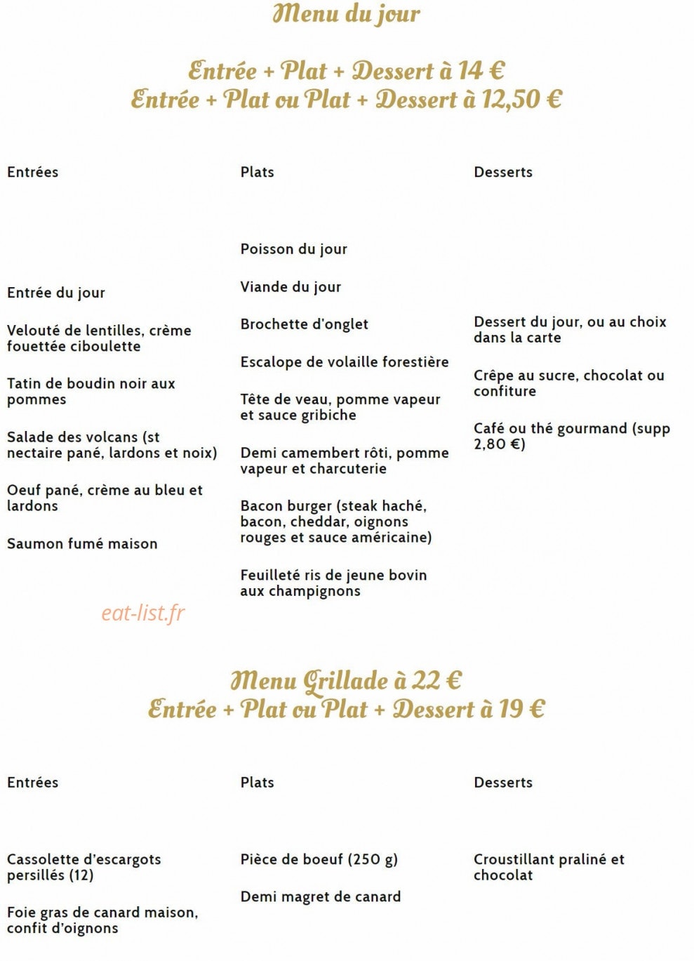 Carte et menu de Aux 3 Gourmands à Cournon d'Auvergne — Le menu du jour et menu grillades
