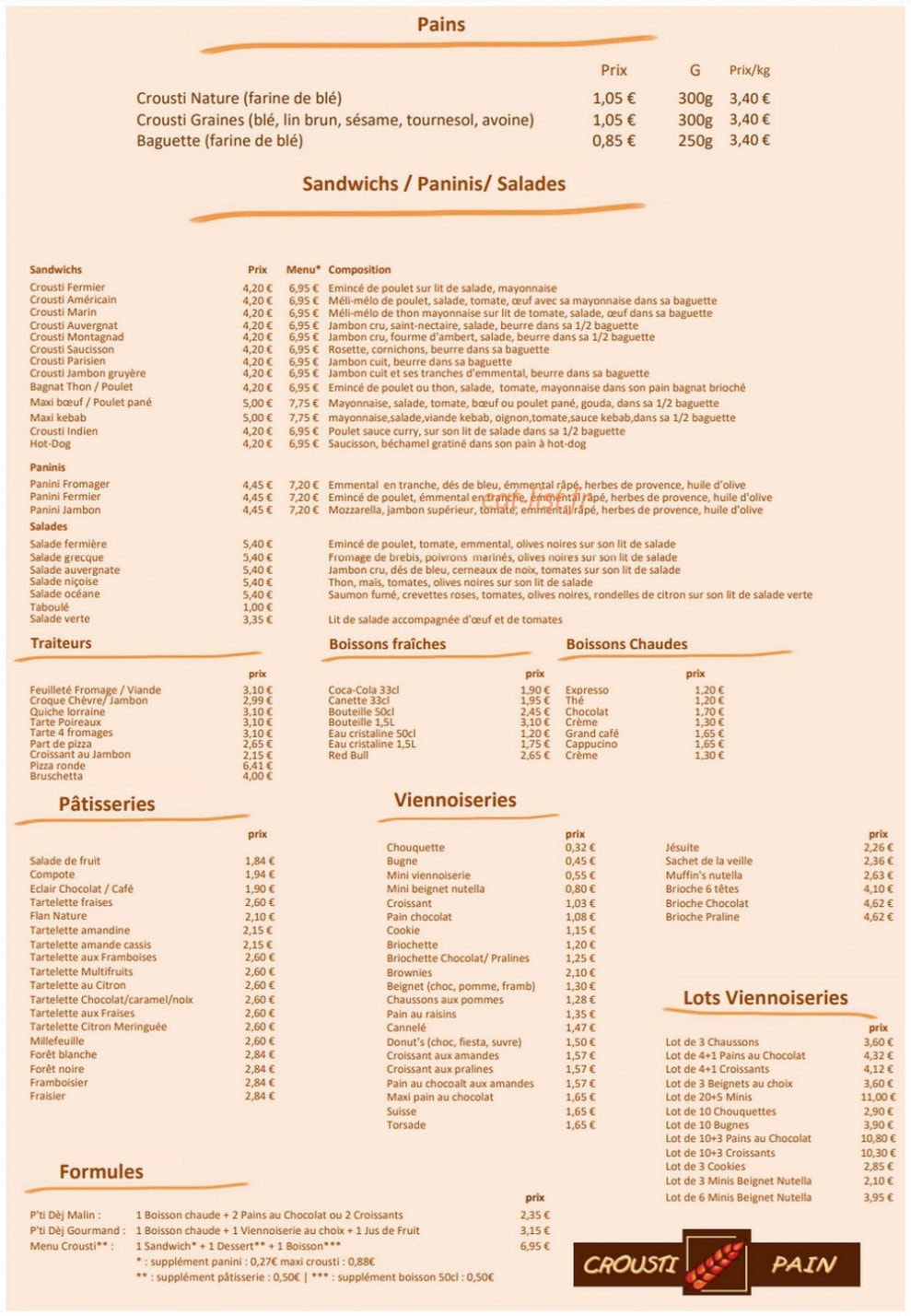 Carte et menu de Crousti Pain à Cournon d'Auvergne — Les pains, sandwichs et boissons,...