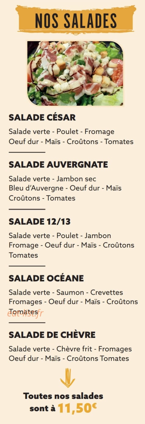 Carte et menu de Restaurant Le 12/13 à Cournon d'Auvergne — Les salades