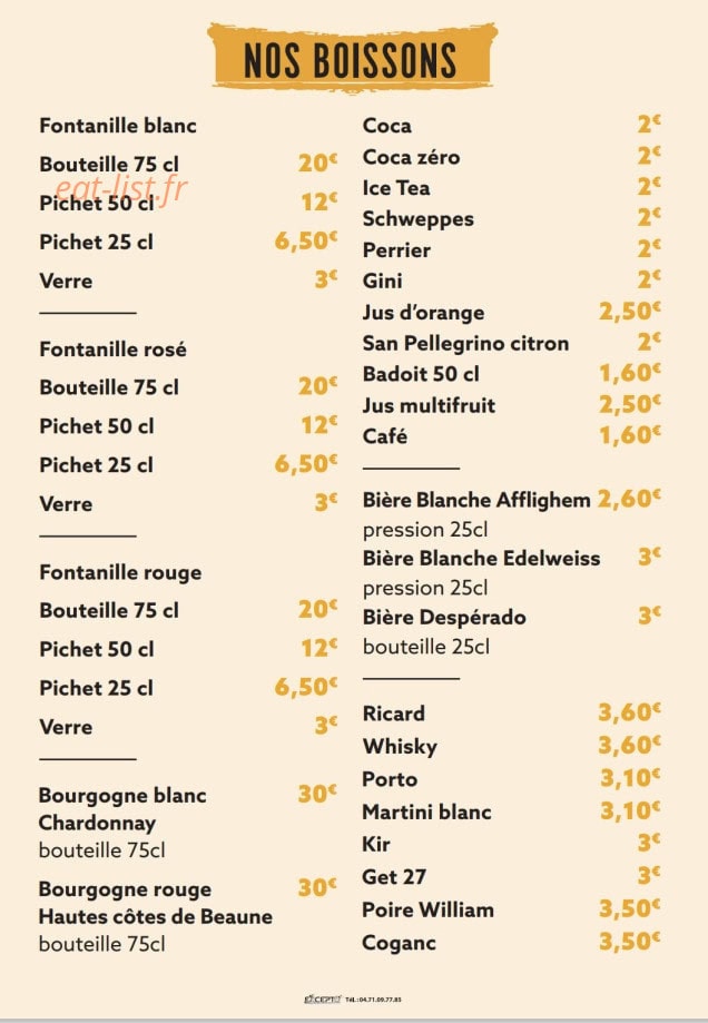 Carte et menu de Restaurant Le 12/13 à Cournon d'Auvergne — Les boissons