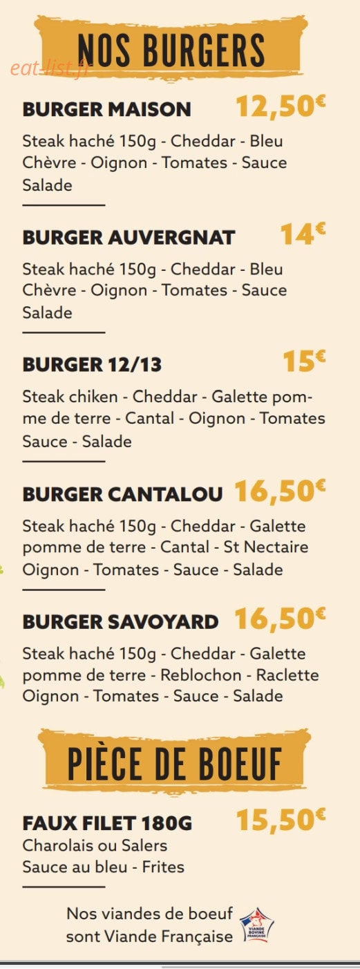 Carte et menu de Restaurant Le 12/13 à Cournon d'Auvergne — Les burgers et pièce de bœuf