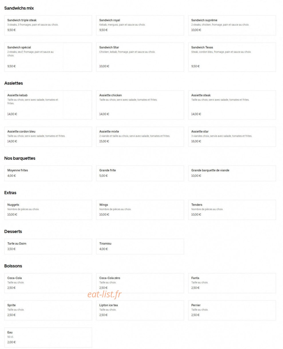 Carte et menu de Star Food Family à Cournon d'Auvergne — Les sandwichs mix, assiettes, ...