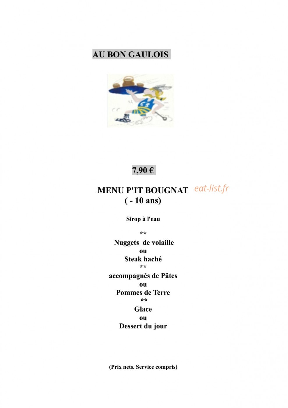 Carte et menu de Au Bon Gaulois à Saint Julien Puy Laveze — menu enfant