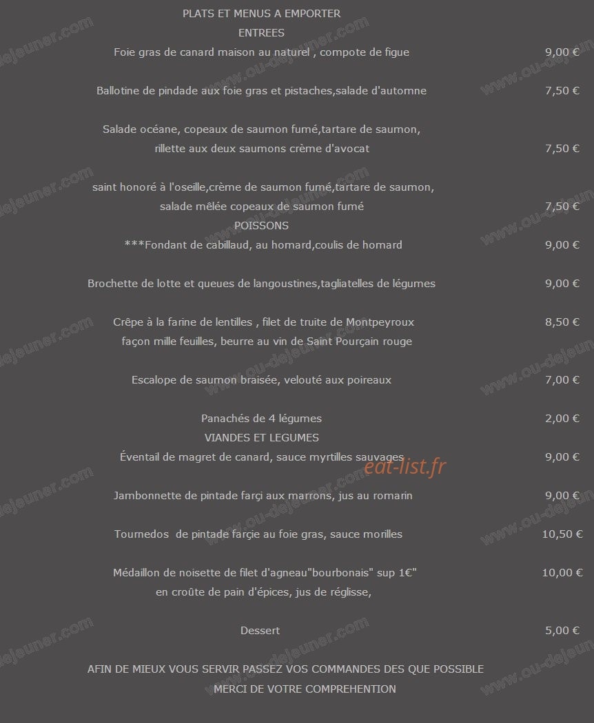 Carte et menu de L'Auberge des 4 Chemins à Peschadoires — Les plats
