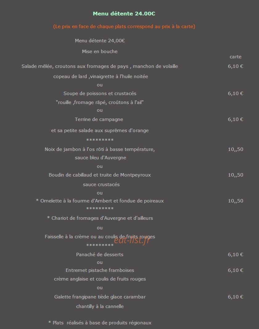 Carte et menu de L'Auberge des 4 Chemins à Peschadoires — Les menus détentes