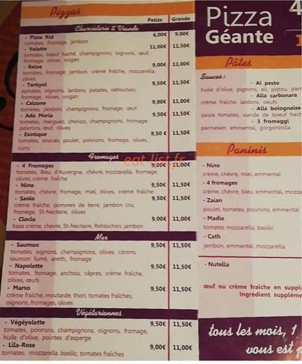 Pizza Yolette — carte page 1