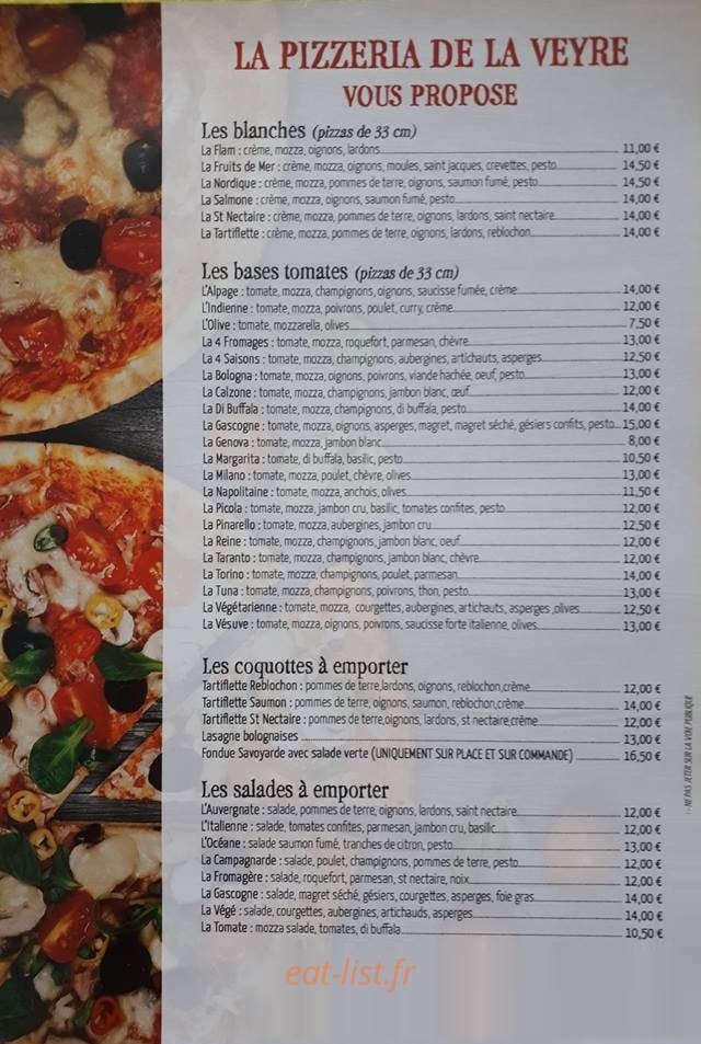 Carte et menu de Pizzeria de la Veyre à Veyre Monton — Pizzas