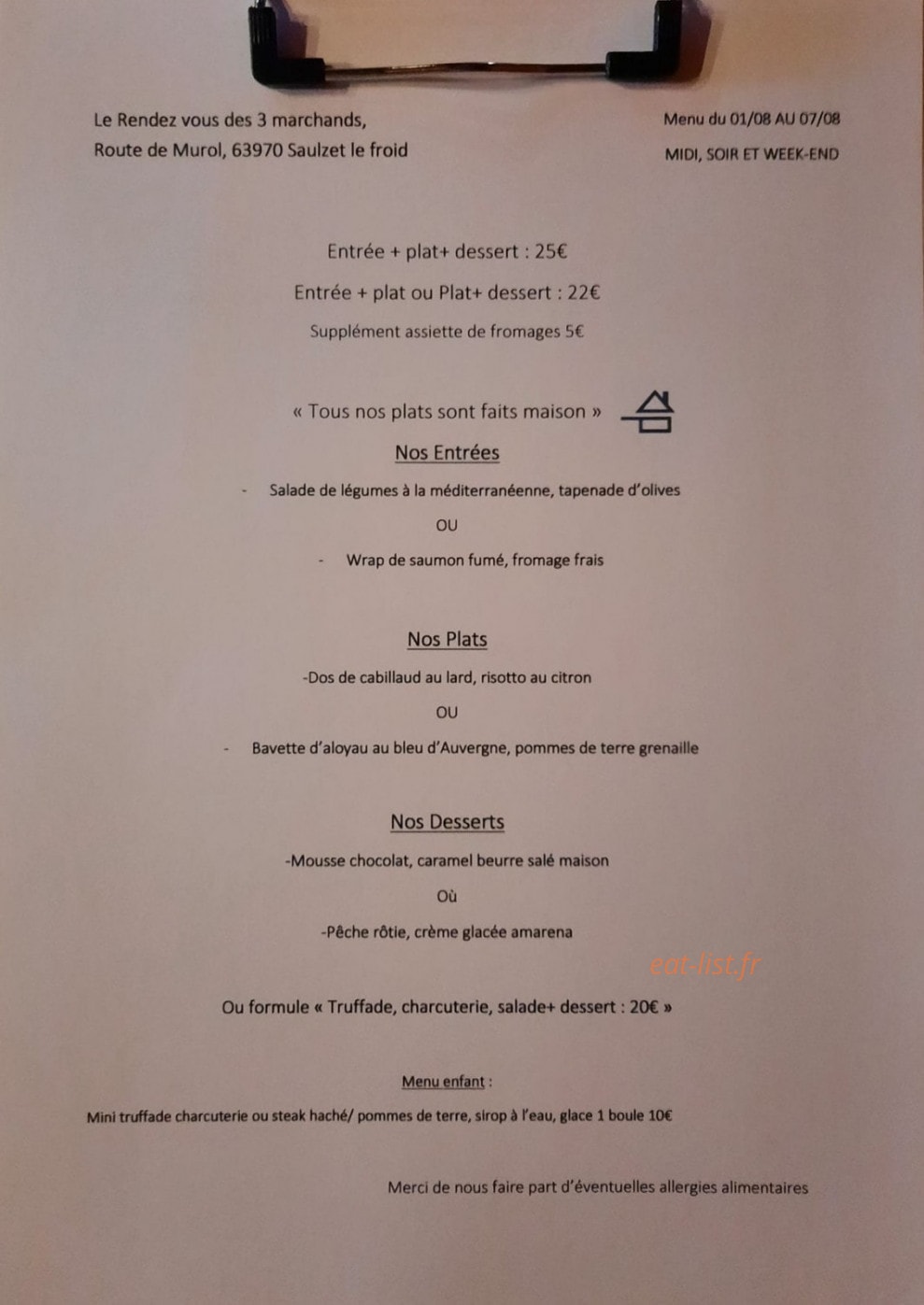 Carte et menu de Aux Rendez Vous Des Trois Marchands à Saulzet le Froid — Un exemple de menu du jour