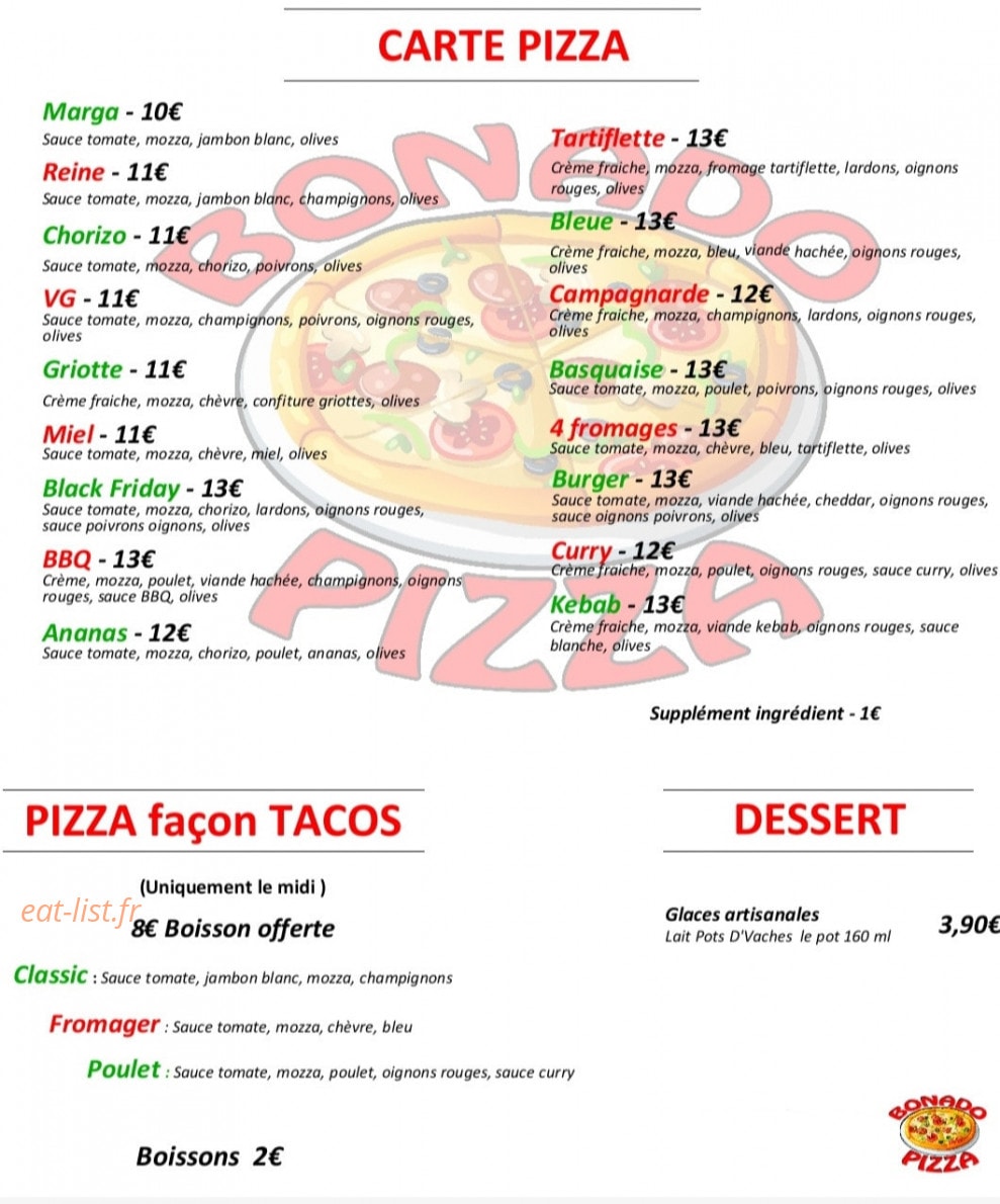 Bonado Pizza — carte page 1