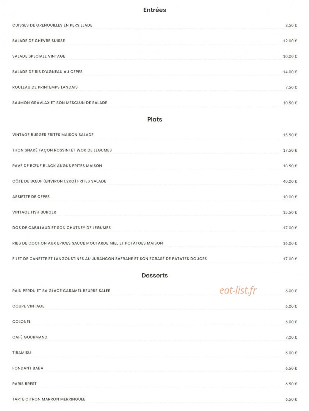 Le Vintage Café — carte page 2