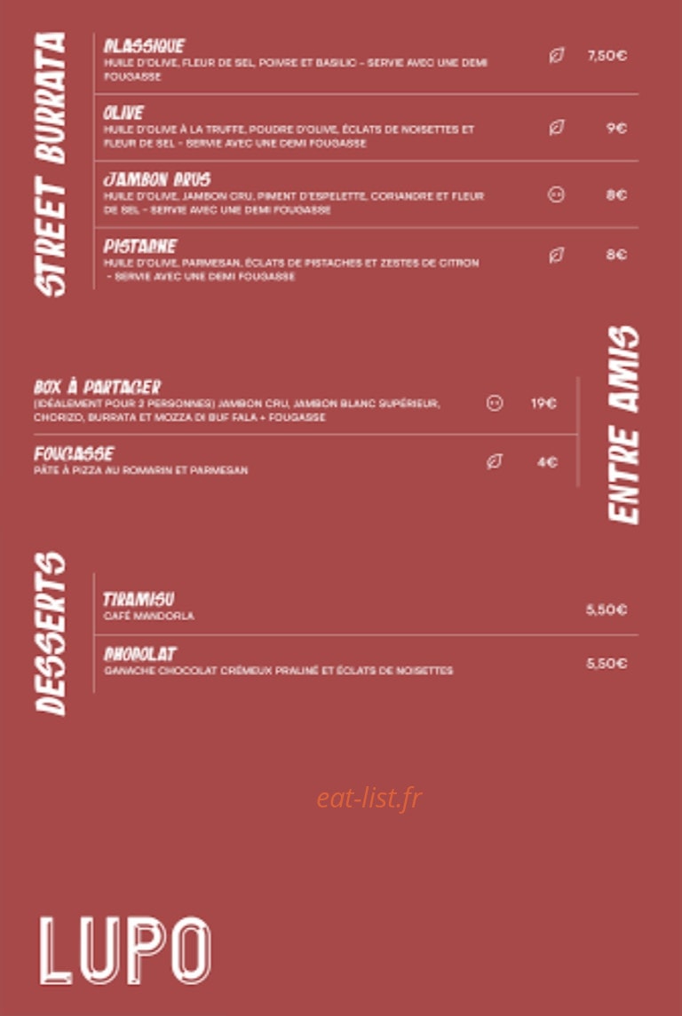 Carte et menu de Lupo pizza & streetfood à Pau — Les desserts, entre amis et street burrata