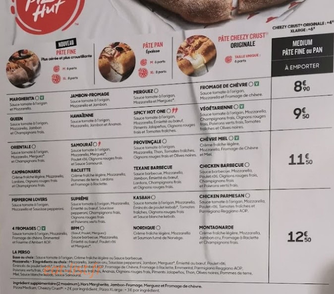 Pizza Hut — carte page 1