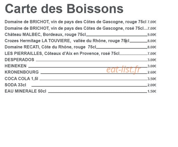Carte et menu de Rôtisserie Coquotte à Pau — Les boissons