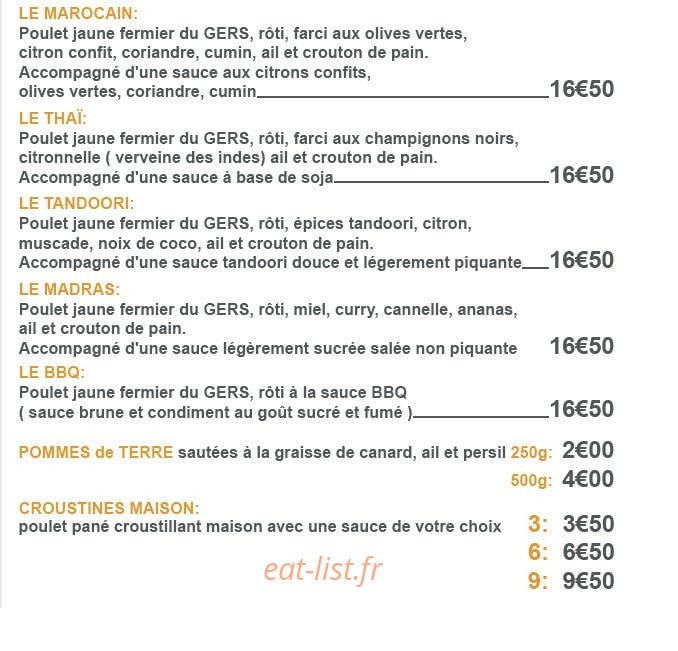 Carte et menu de Rôtisserie Coquotte à Pau — Les plats (suite)