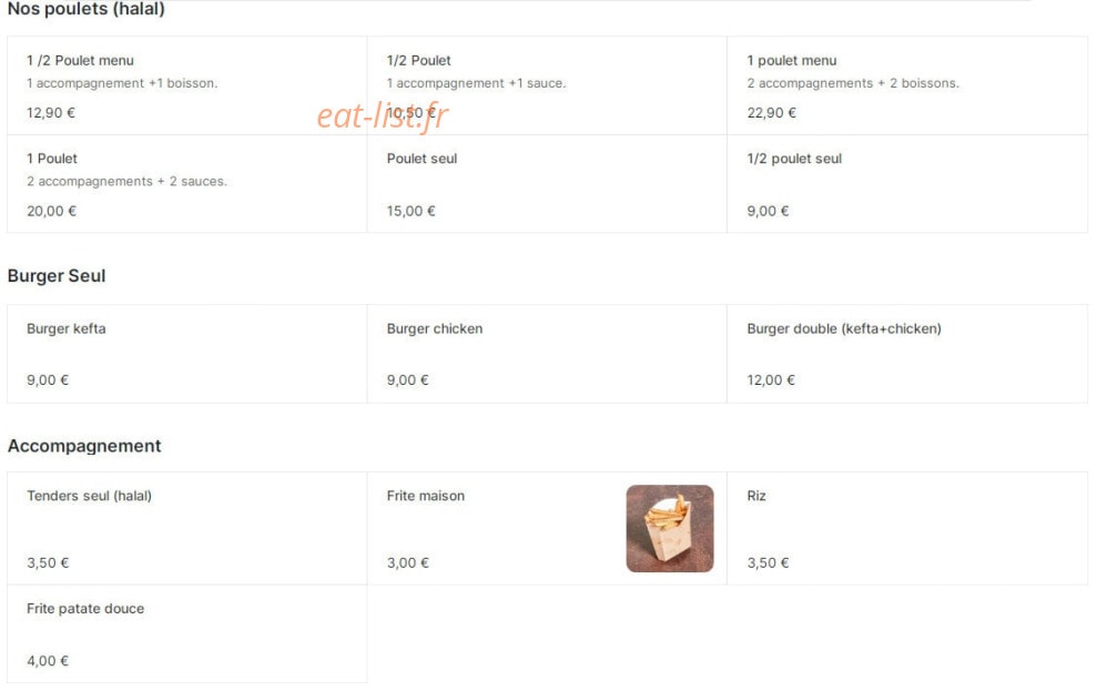 Carte et menu de Royal rôtisserie à Pau — Les poulets (halal), burger seul et accompagnement