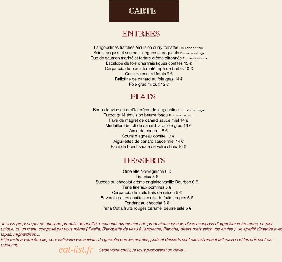 Cuisine d'Antan et de vos Envies — carte page 1