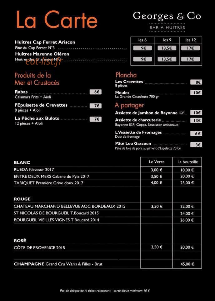 Carte et menu de Georges and Co à Bayonne — Les produits de la mer, les vins ...